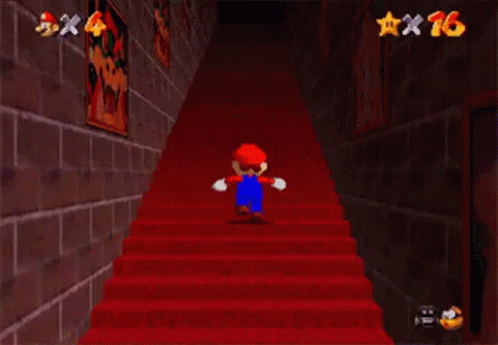 Mario running up the endless red-carpeted staircase in Super Mario 64
