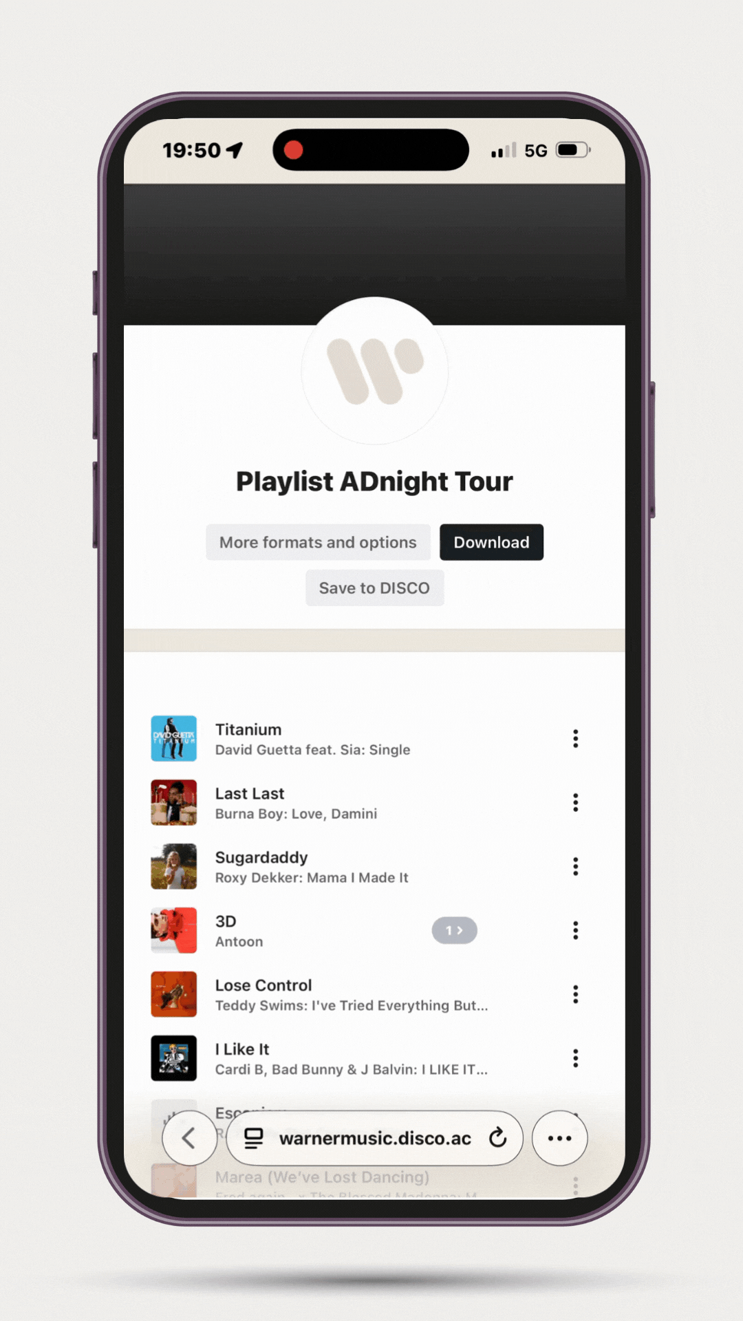 Phone screenshot of the Warner Music Playlist ADnight Tour, starting with Titanium, Last Last and Sugardaddy