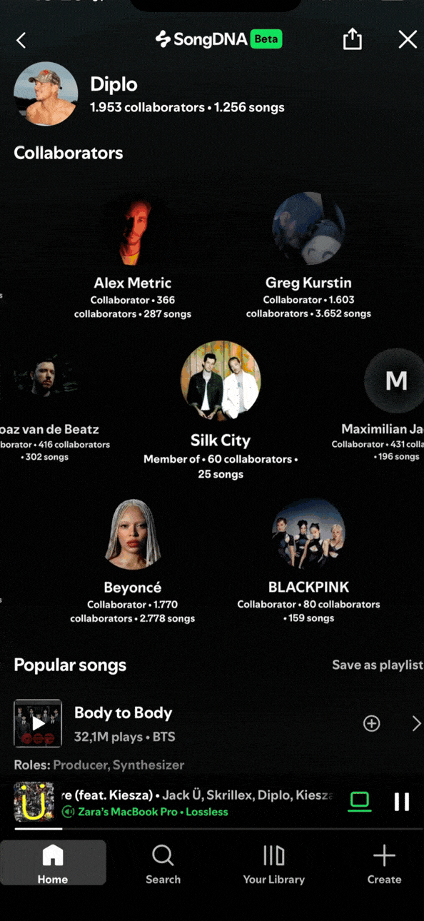 Spotify SongDNA for Diplo - 1,953 collaborators including Beyonce, BLACKPINK and Silk City