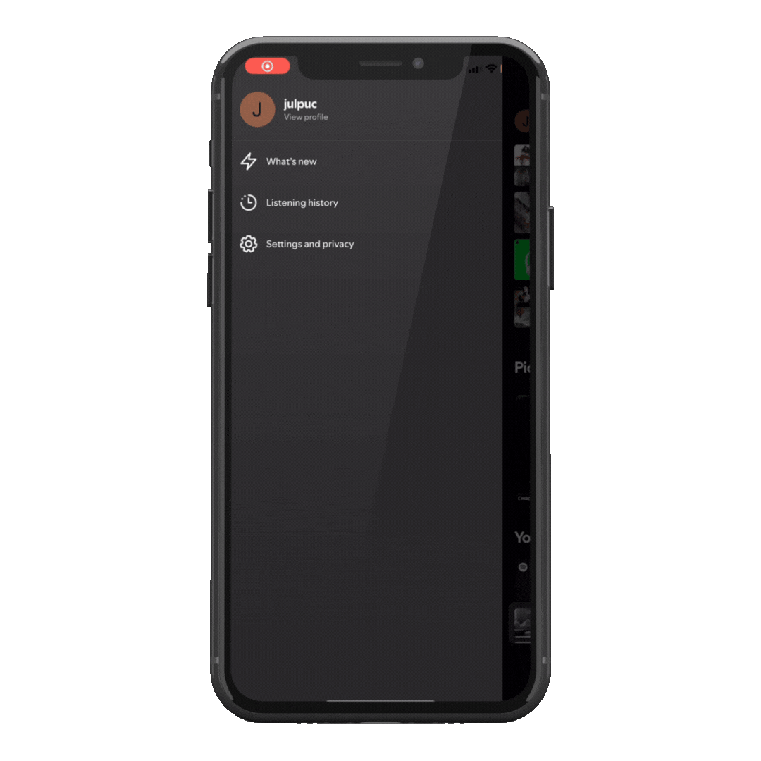 Spotify mobile menu open on a profile, showing What's new, Listening history and Settings and privacy