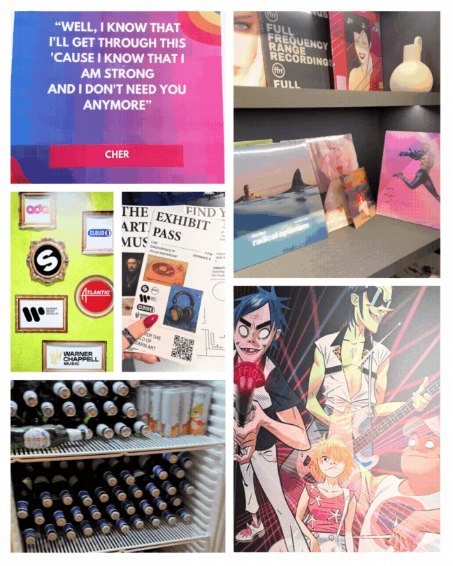 Collage from the Warner workshop: a Cher lyric card, label logos, vinyl shelves, a drinks fridge and a Gorillaz poster
