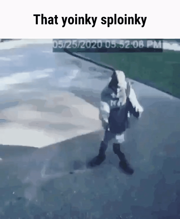 Viral clip of a man doing a wobbly-kneed dance on a driveway, captioned 'That yoinky sploinky'