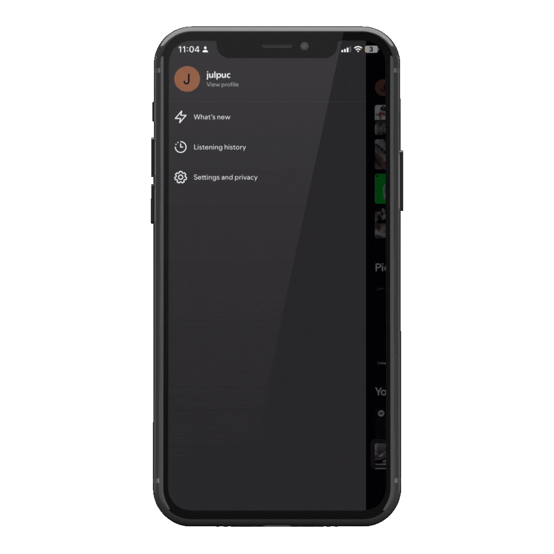Spotify mobile menu with Settings and privacy, the route to the Audio Normalization setting